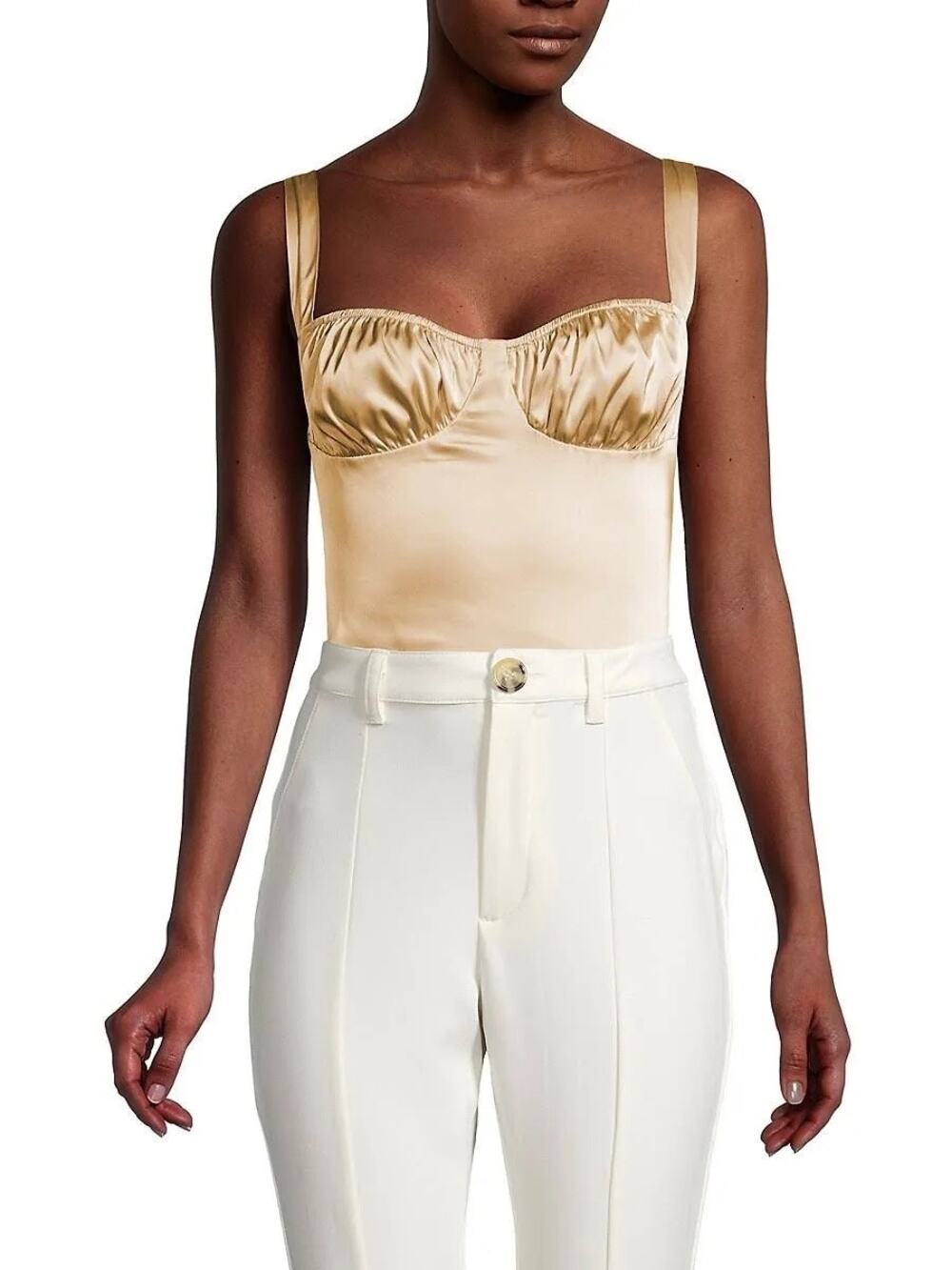 Danielle Bernstein Gold Satin Ruched Camisole Cami Tank Corset Bodysuit Top